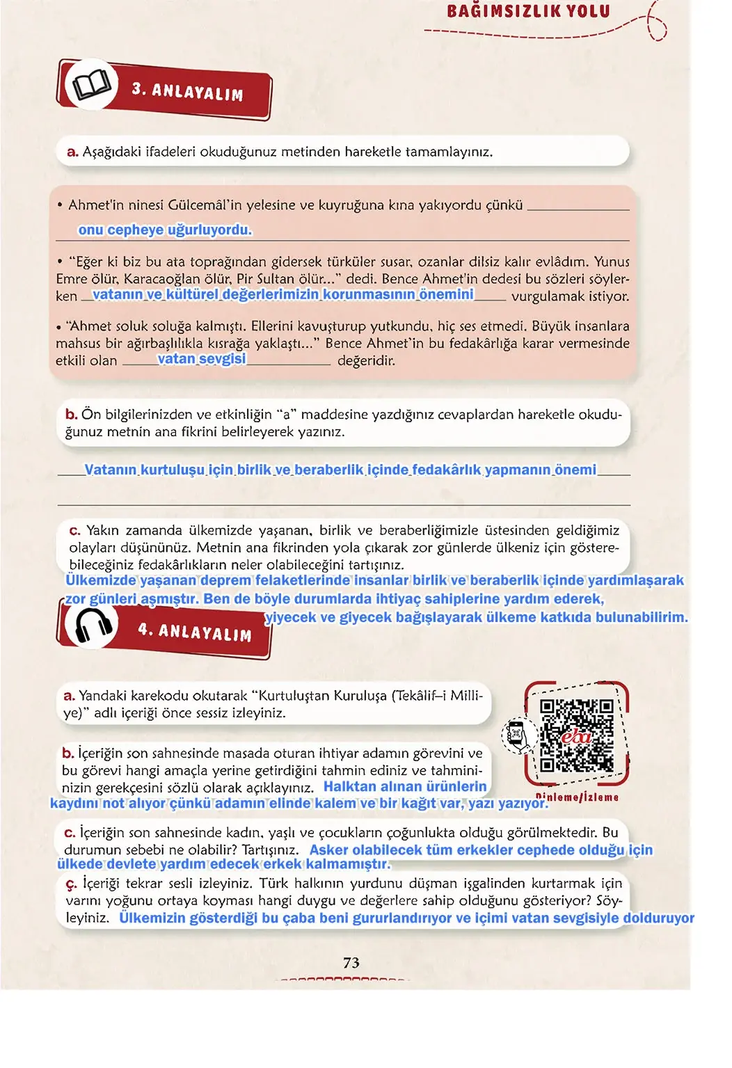 6. Sınıf Türkçe Ders Kitabı Sayfa 73 Cevapları 1. Kitap