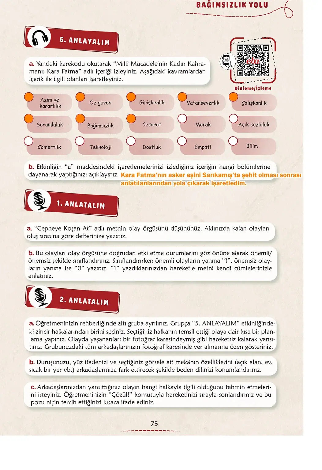 6. Sınıf Türkçe Ders Kitabı Sayfa 75 Cevapları 1. Kitap
